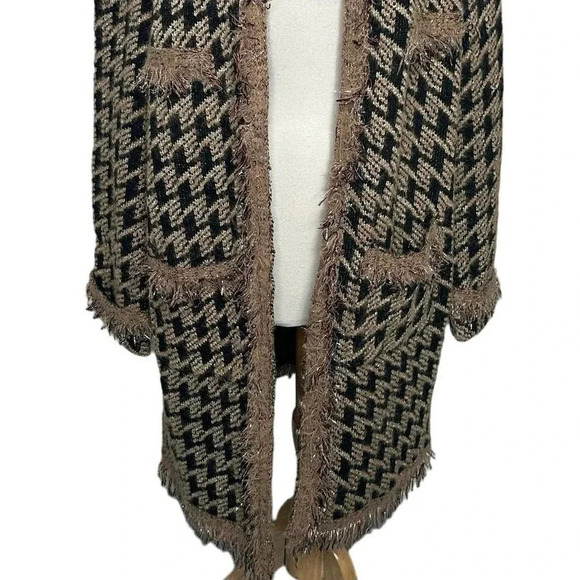 Davi + Dani 2X trendy black tan gold long fringe trim long sweater coat - Picture 8 of 11